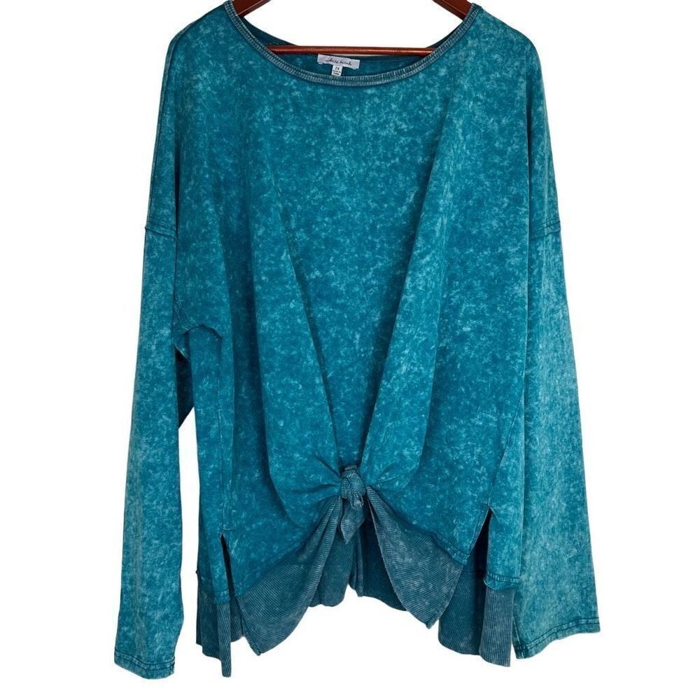 White Birch Womens 2X Teal Mineral Washed Pullover Sweatshirt Cozy Boho Knot Hem